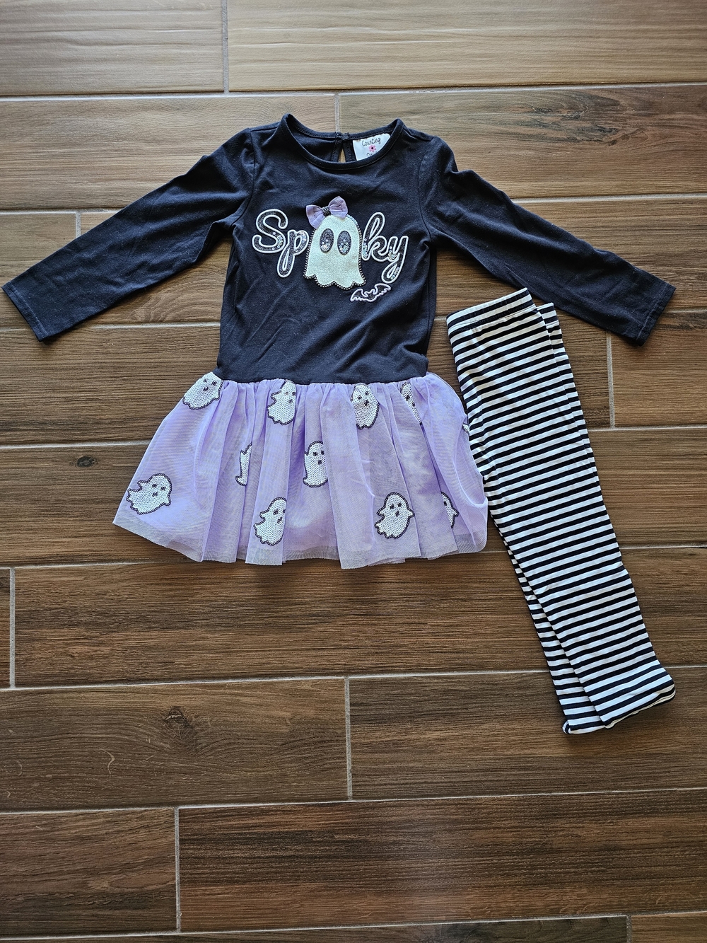 Counting Daisies Halloween 'Spooky' Ghost Tutu Dress with Striped Leggings XS
